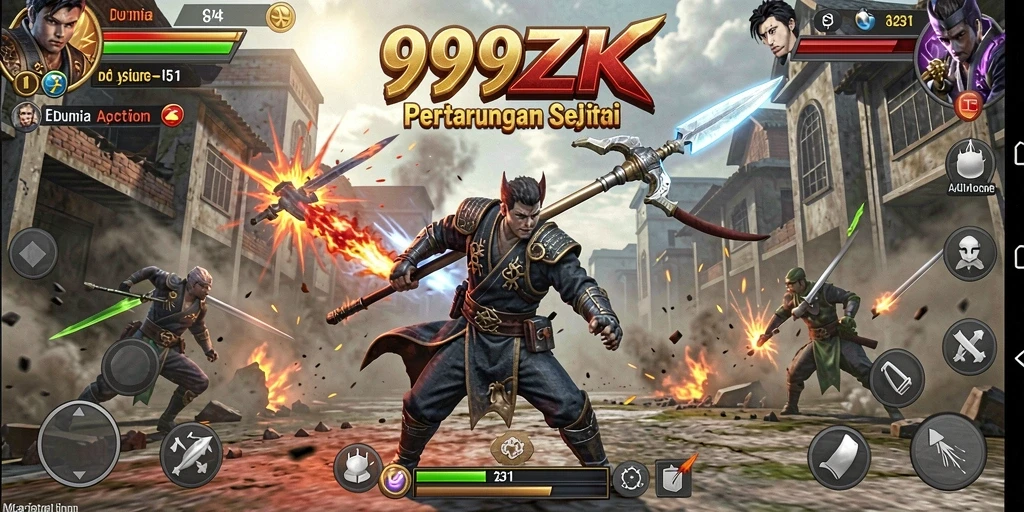 Screenshot gameplay seru dari 999ZK yang menampilkan aksi pertarungan.