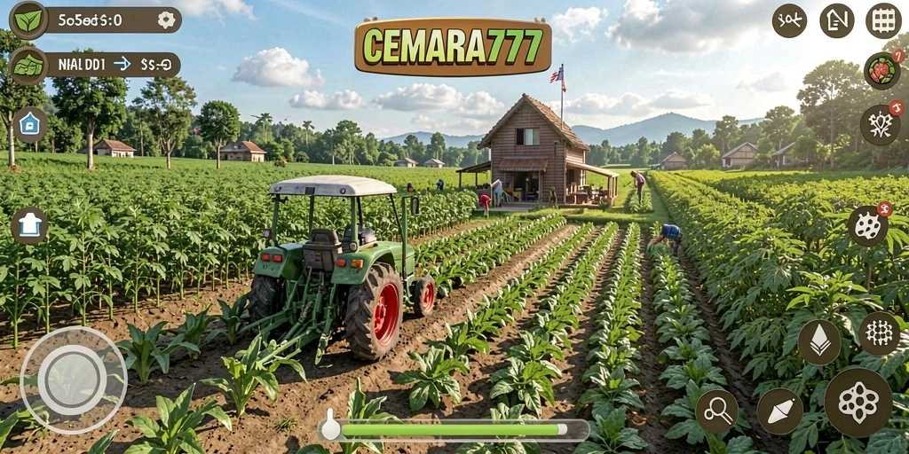 Tangkapan layar gameplay CEMARA777 yang menampilkan ladang pertanian yang subur.