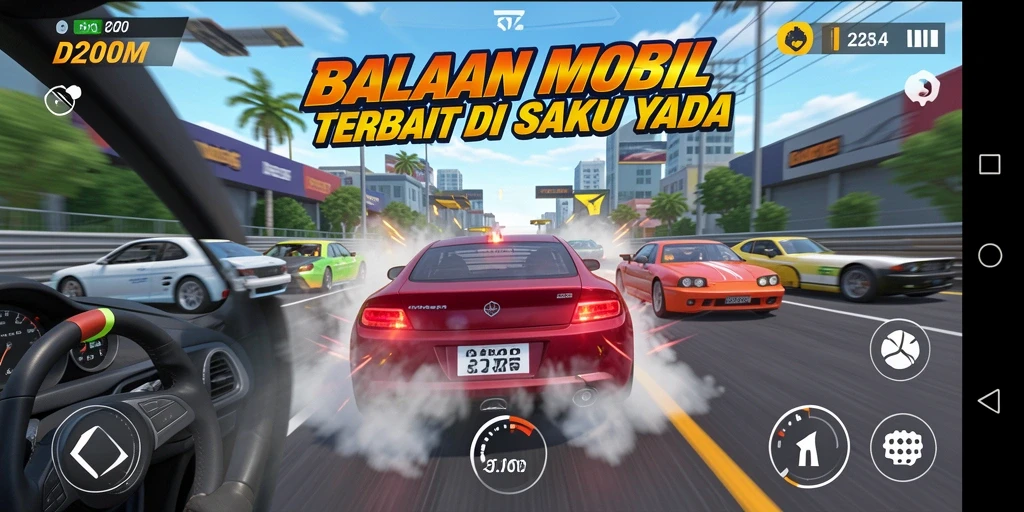 Tampilan gameplay D200M yang menegangkan dan penuh aksi balapan mobil.