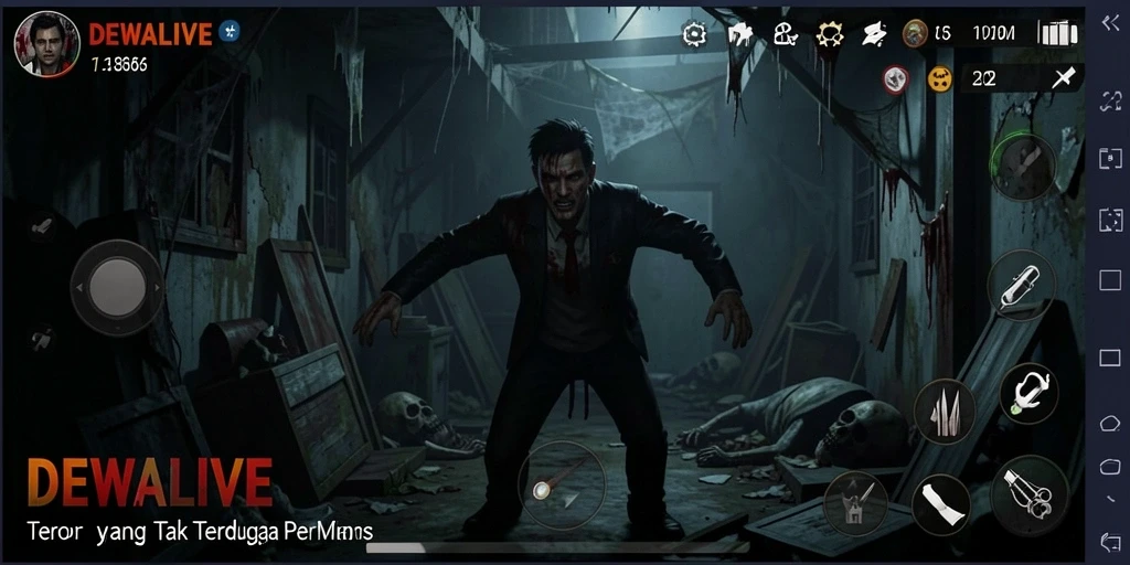 Tampilan gameplay DEWALIVE dengan suasana gelap dan menakutkan.