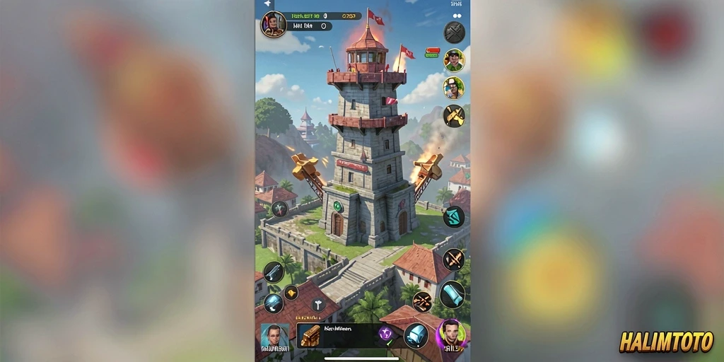 Gameplay HALIMTOTO menampilkan menara perkasa melawan musuh yang menyerang.