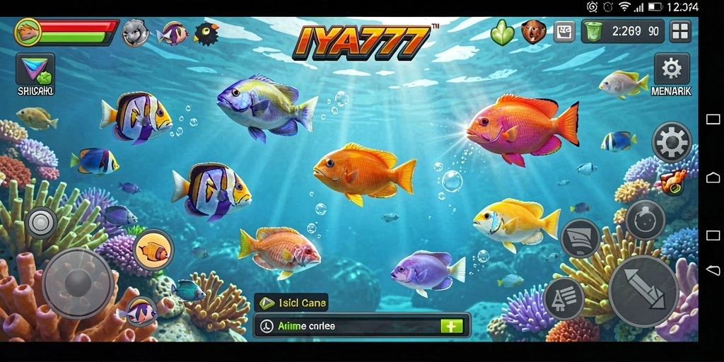 Tampilan gameplay IYA777 dengan ikan-ikan cantik dan senjata menembak.