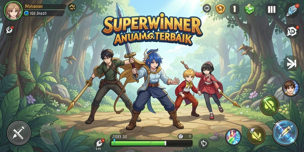 Tampilan gameplay menarik dari SUPERWINNER dengan karakter anime.