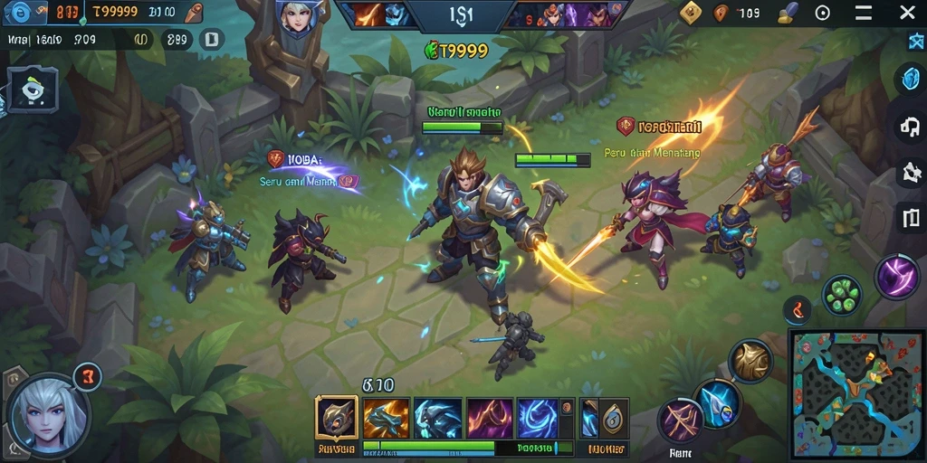 Screenshot gameplay T9999 menampilkan aksi seru dan strategi dalam pertempuran MOBA.